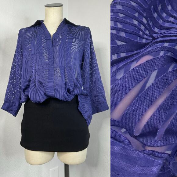 Coldwater Creek Purple Sheer Button Front Blouse Top 3/4 Sleeves Size Small 6-8 - Picture 1 of 9